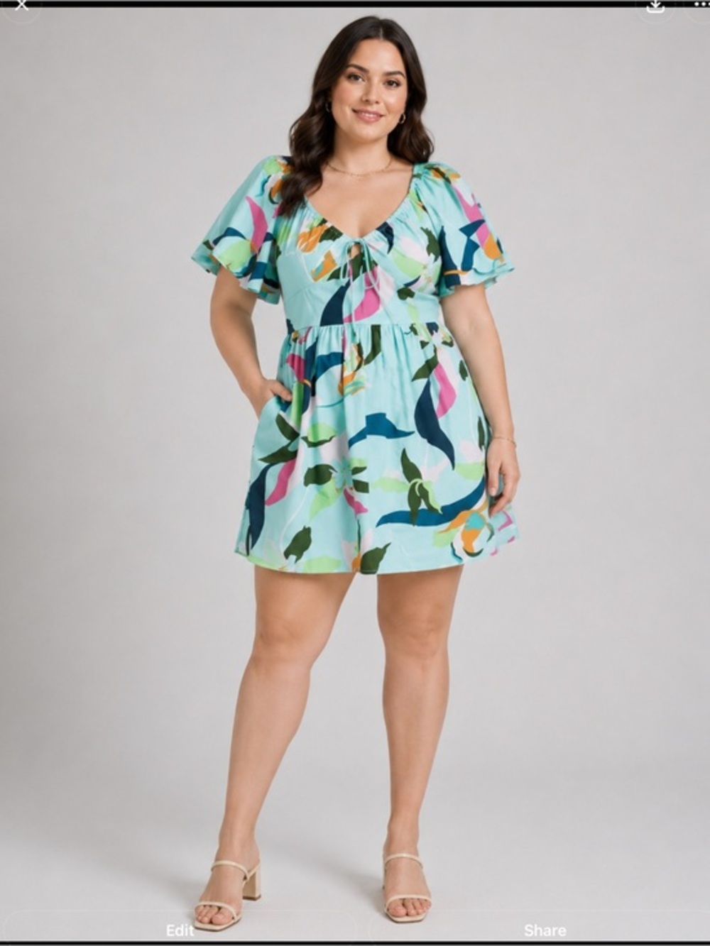 A New Day Green Fit-and-Flare  flirty mini Sundress with Flutter Sleeves xlg